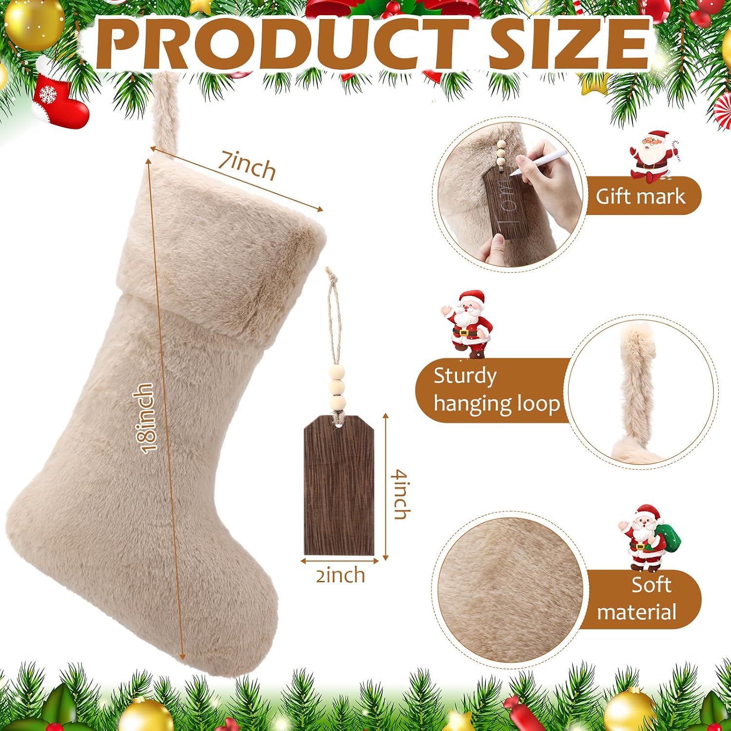 Shinymoon 6 Pcs 18 Inch Neutral Plush Faux Fur Christmas Stocking with Wooden Name Tags, Personalized Luxury Thick Fuzzy Xmas Stocking for Fireplace Mantel Stair Railings Holiday Party Decor
