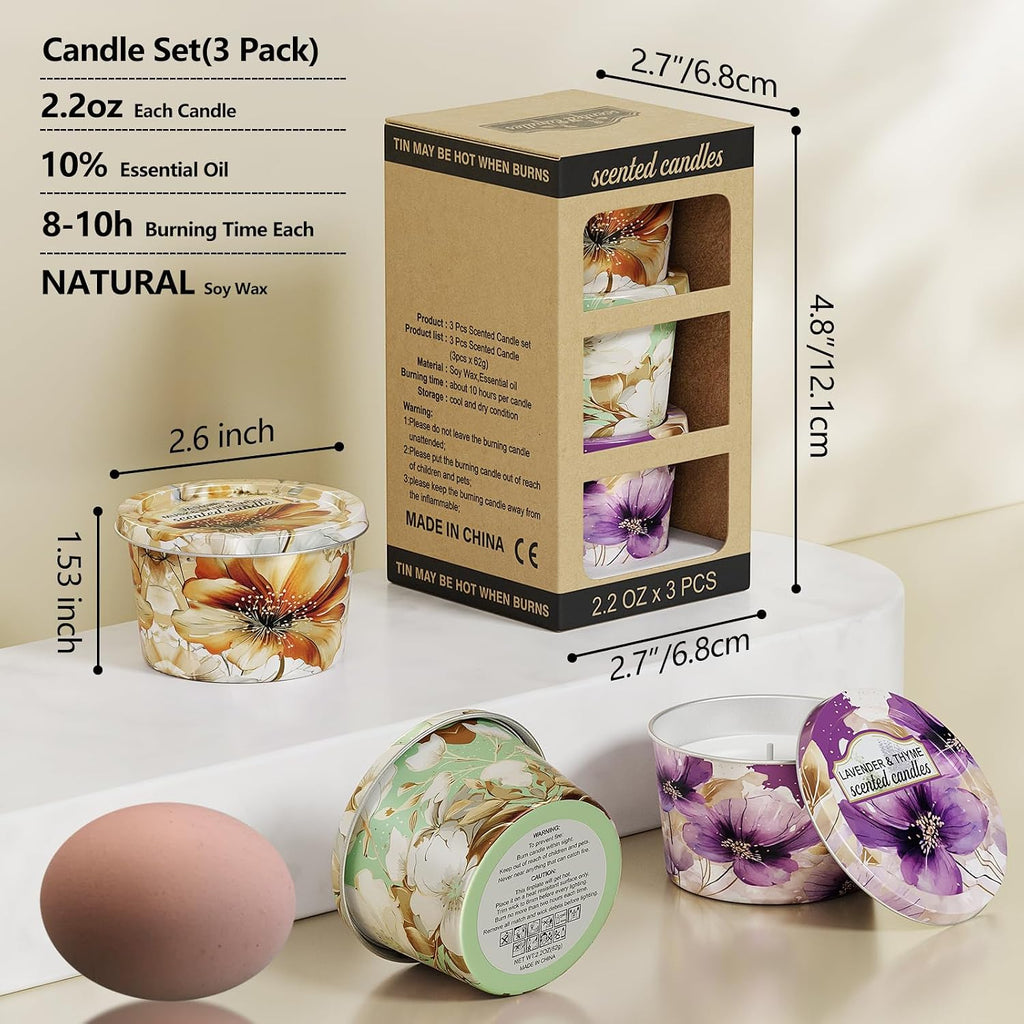 3 Pack Scented Candles-Lavender & Thyme, Vanilla Cake, Jasmine & Musk & Sandalwood, Travel Tin Candle Set, 2.2oz Each, 8-10h Burn Time, Soy Wax, Cotton Wick
