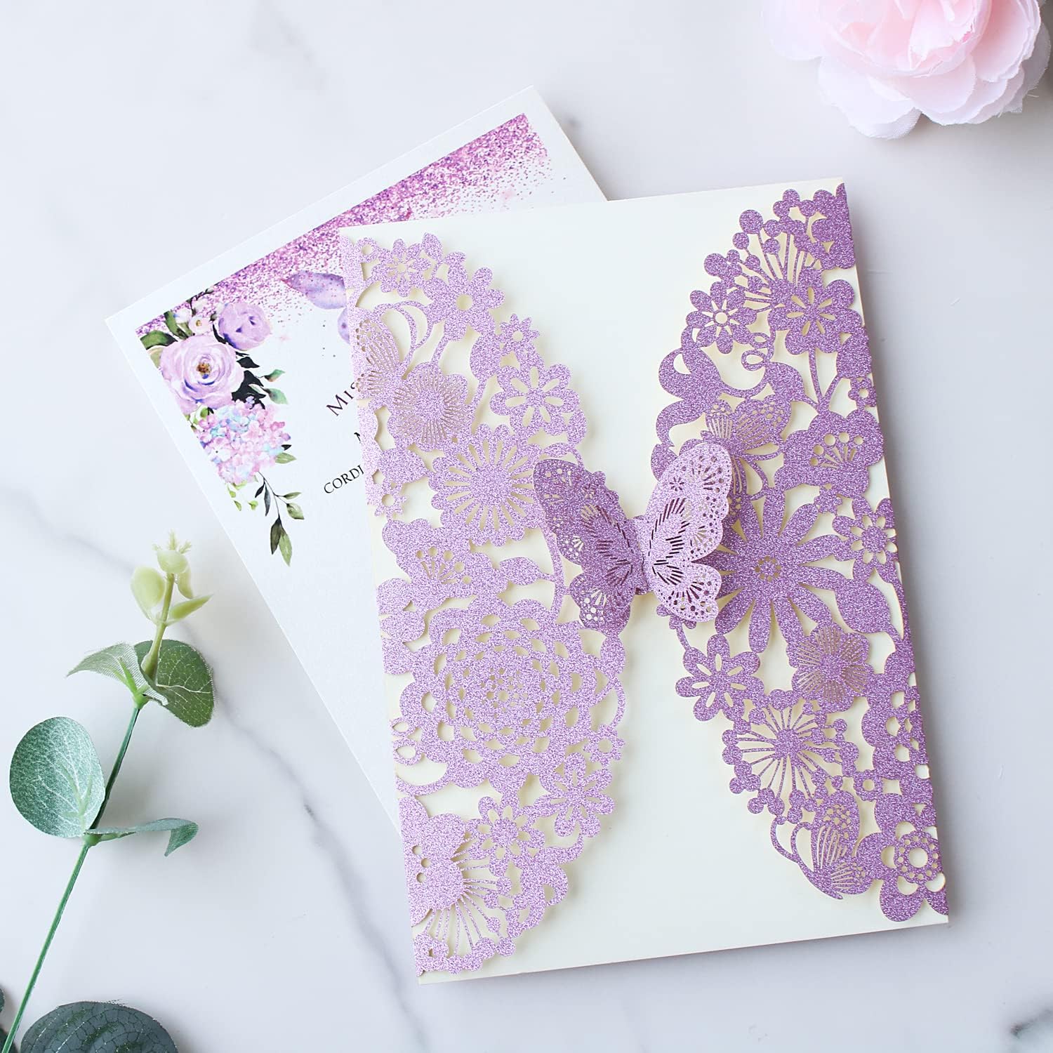 Hosmsua 20PCS 5.12 x 7.3 Blank Purple Quinceanera Invitation Kit with Butterfly Laser Cut Lace Flora Invitations for Wedding Quinceañera Sweet 16 Birthday Wedding Invitation (Purple Glitter)
