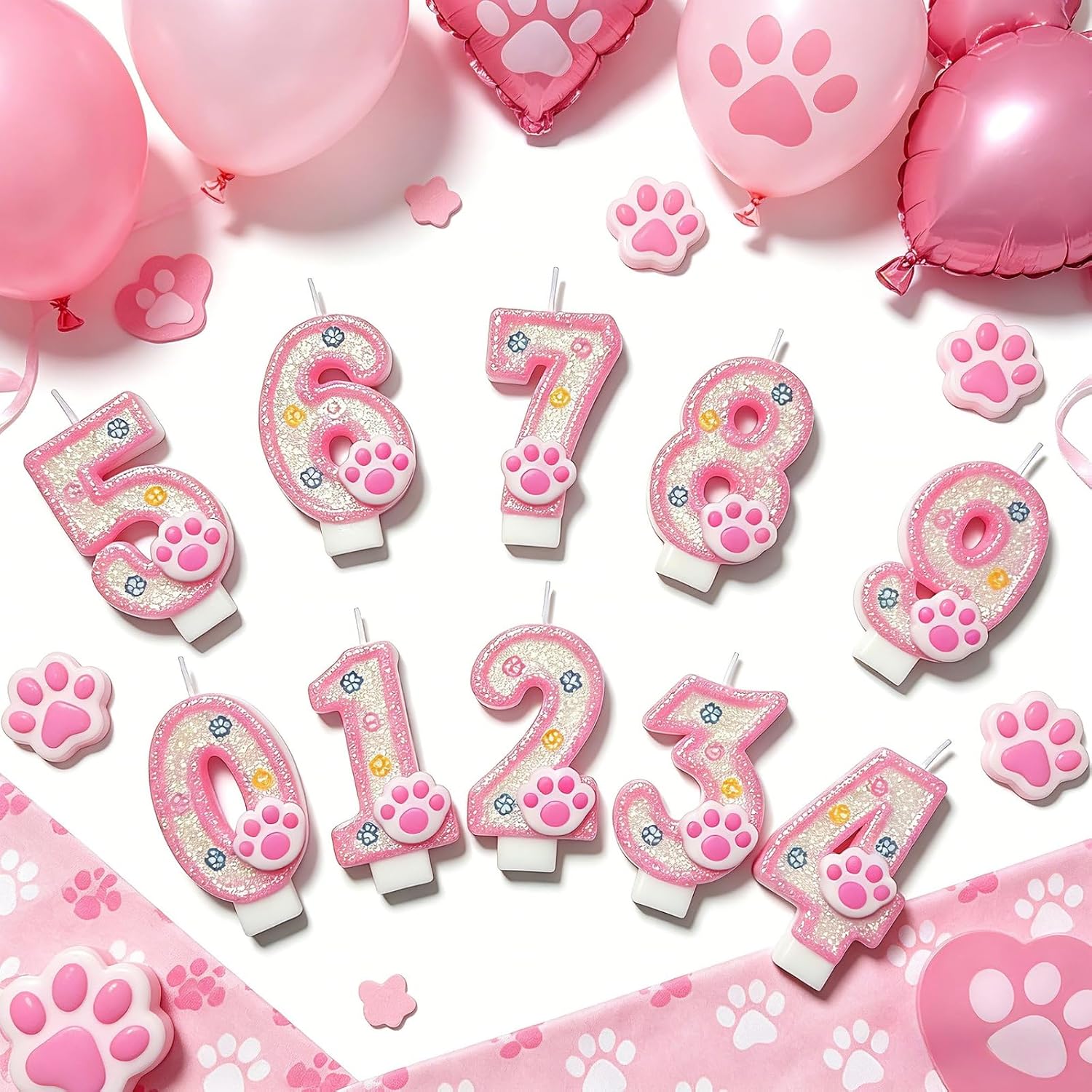 Dog and Cat Paw Number Candles for Cake Decoration, Pink Kitten Paw Number 2 Candle, Dog Themed Birthday Cake Topper for Party Decorations