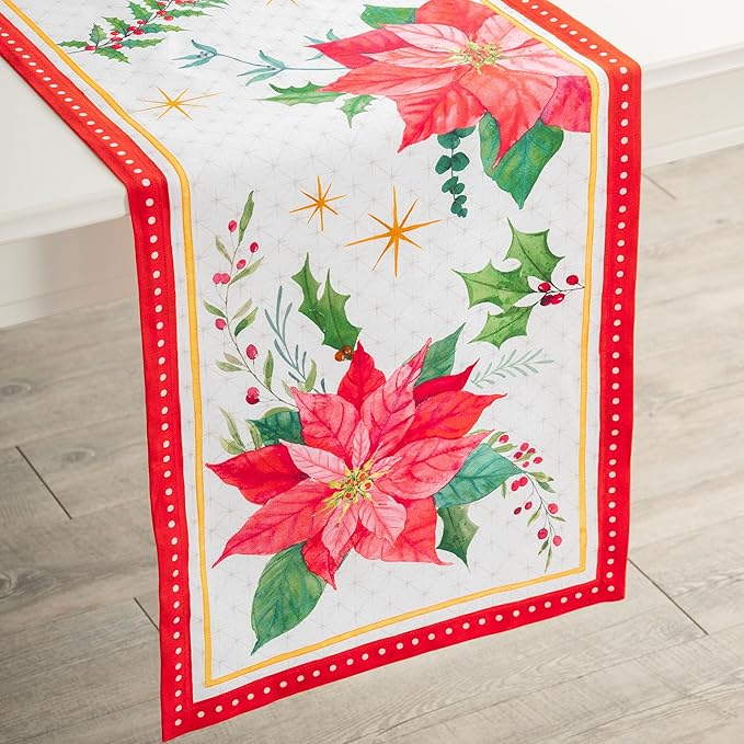 Maison d' Hermine Table Runner 100% Cotton Single Layer Table Runners 72 inches Long for Thanksgiving Christmas Decorations Home Kitchen Dining Party Wedding (Poinsettia Christmas, 14.5" x 72")