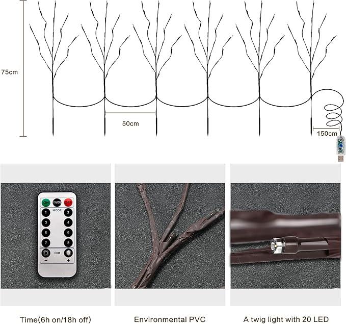 MENCH Branch Lights,6 Pcs Twig Light USB&Battery Powered 8 Flashing Modes by Remote Control.Branch Lights for Indoor, Light Up Decorations for Halloween Day and Christmas,Pure White