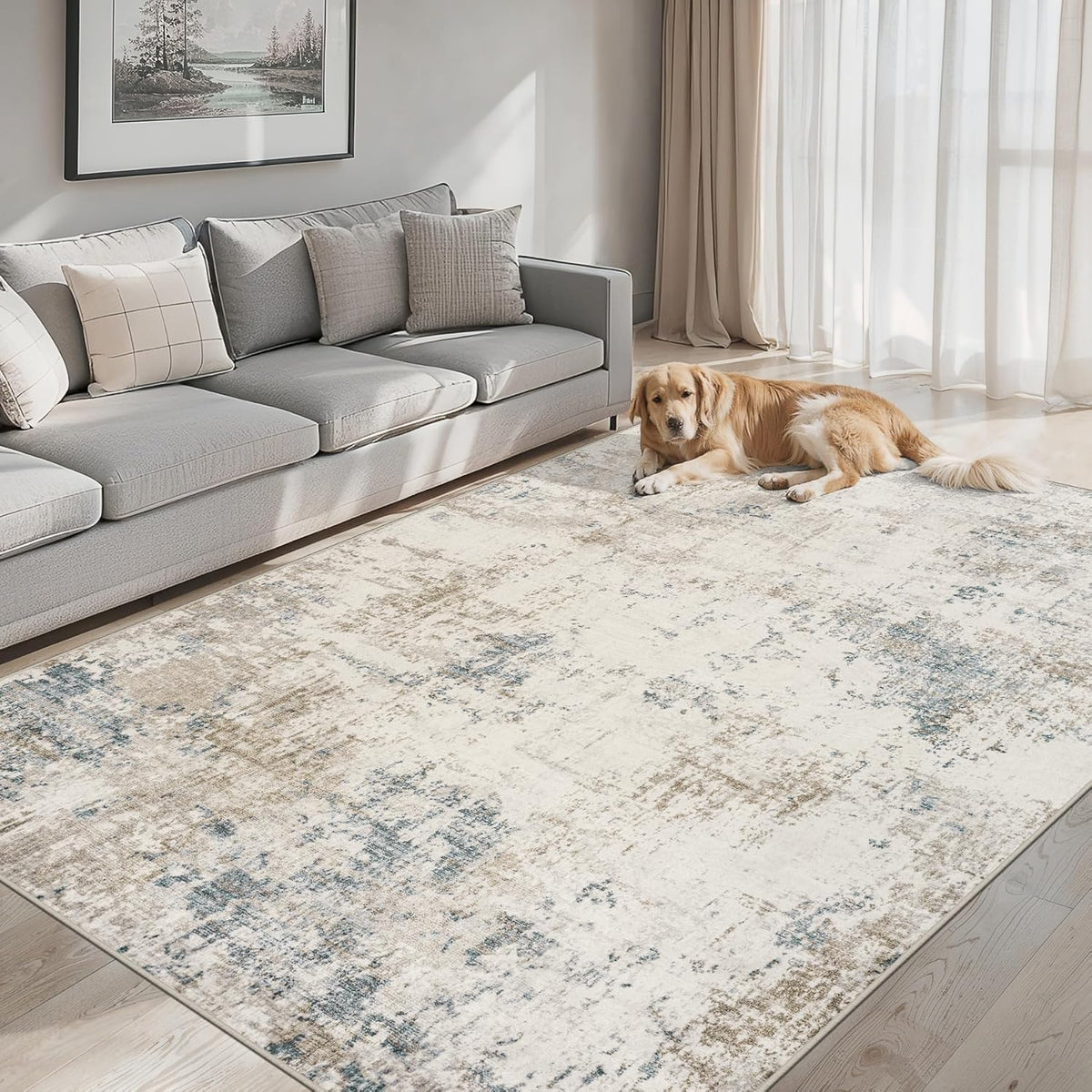 8x10 Area Rug Living Room: Modern Abstract Washable Carpet Beige