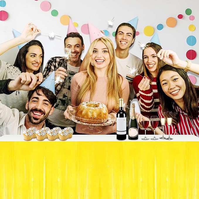 3 Pack 29x108 Inch Macaron Yellow Foil Fringe Table Skirts Metallic Banner for Tinsel Streamer Garland Backdrop for Parade Floats Wedding Thanksgiving Birthday Christmas Halloween Party Decoration