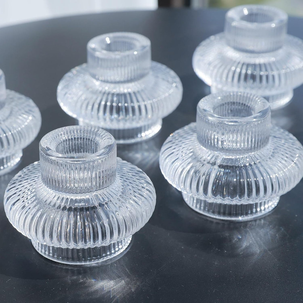 VOHO 12pcs Taper Candle Holders Ribbed Glass, Clear Candle Holder Stackable