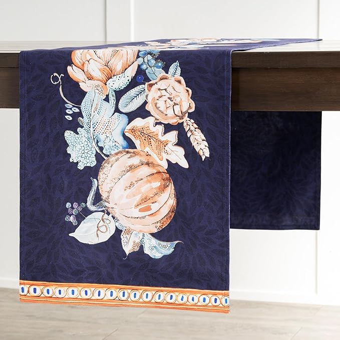 Maison d' Hermine Table Runner 100% Cotton Double Layer Table Runners 108 inches Long for Thanksgiving Christmas Decorations Home Kitchen Dining Party Wedding (Pumpkin Blues, 14.5" x 108")