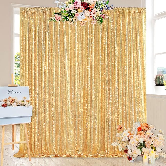 QueenDream Gold Sequin Backdrop Curtain Party Decorations: 10ft x 10ft Glitter Background Sequin Fabric for Wedding Birthday Ceremony
