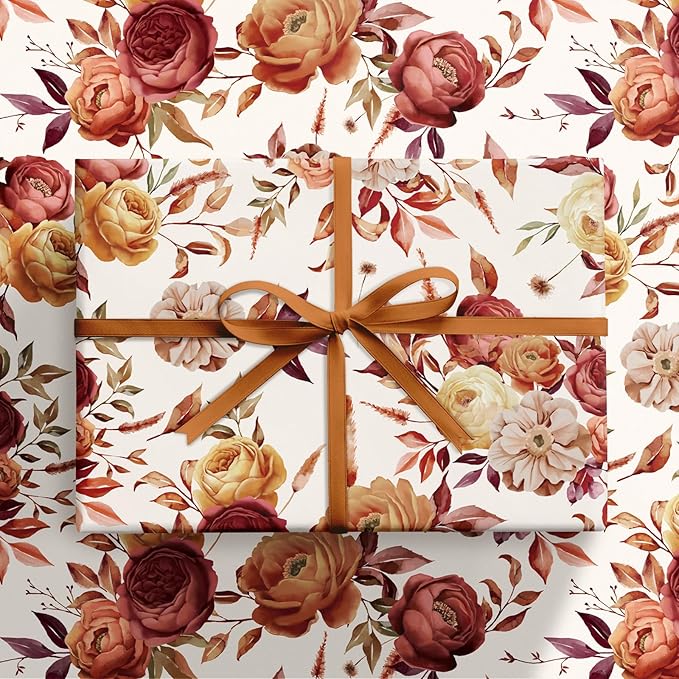 RUSPEPA Fall Floral Wrapping Paper Roll for Women Girls, Mini Roll, Vintage Rose and Autumn Bloom Bouquet Design Gift Wrap for Thanksgiving, Wedding, Birthday, Bridal Shower, 17 Inches x 16.4 Feet