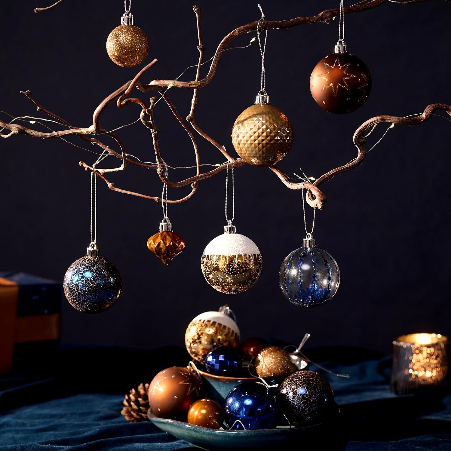 DecorbyHannah Christmas Ornaments Set, 21ct Blue Copper Gold Ornaments for Christmas Tree Decorations, Celestial Shatterproof Plastic Decorative Hanging Ball Bulk for Xmas Holiday Indoor Party Decor