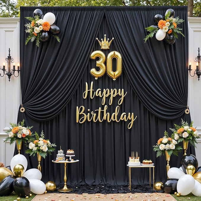 20ftx10ft Wrinkle Free Black Backdrop Curtain for Parties, 4 Panels 5x10ft Silky Polyester Photo Backdrop Drapes Back Drop Cloth for Wedding Birthday Photography Background Decor