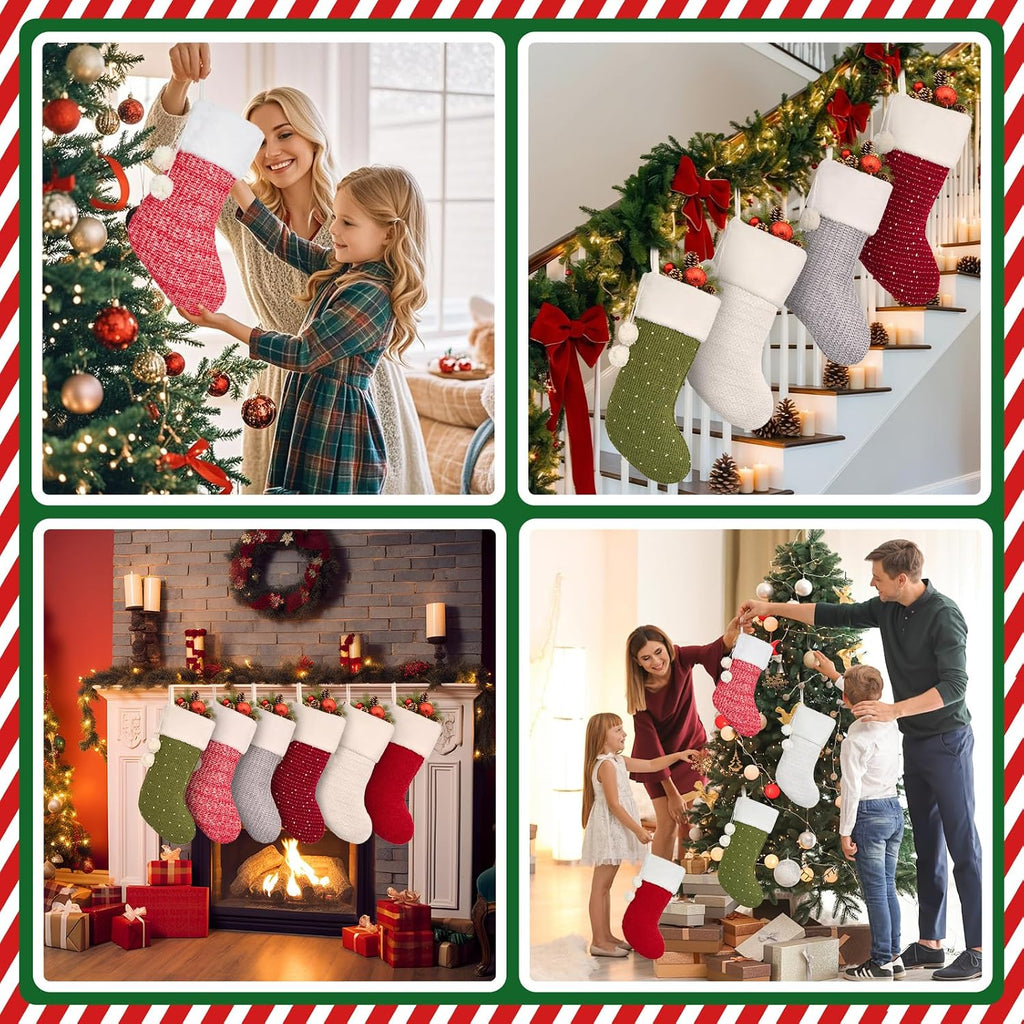 Mostop Christmas Stockings, 6 Pack Cable Knitted Xmas Stockings with Pompom for Xmas Holiday Decor