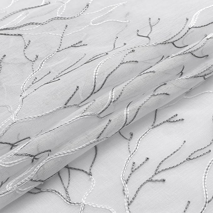 VISIONTEX Sheer Curtains 84 inch Length 2 Panels Set, Decorative Grey Coral Embroidery, Rod Pocket Embroidered Window Drapes for Living Room and Bedroom, 54" x 84"