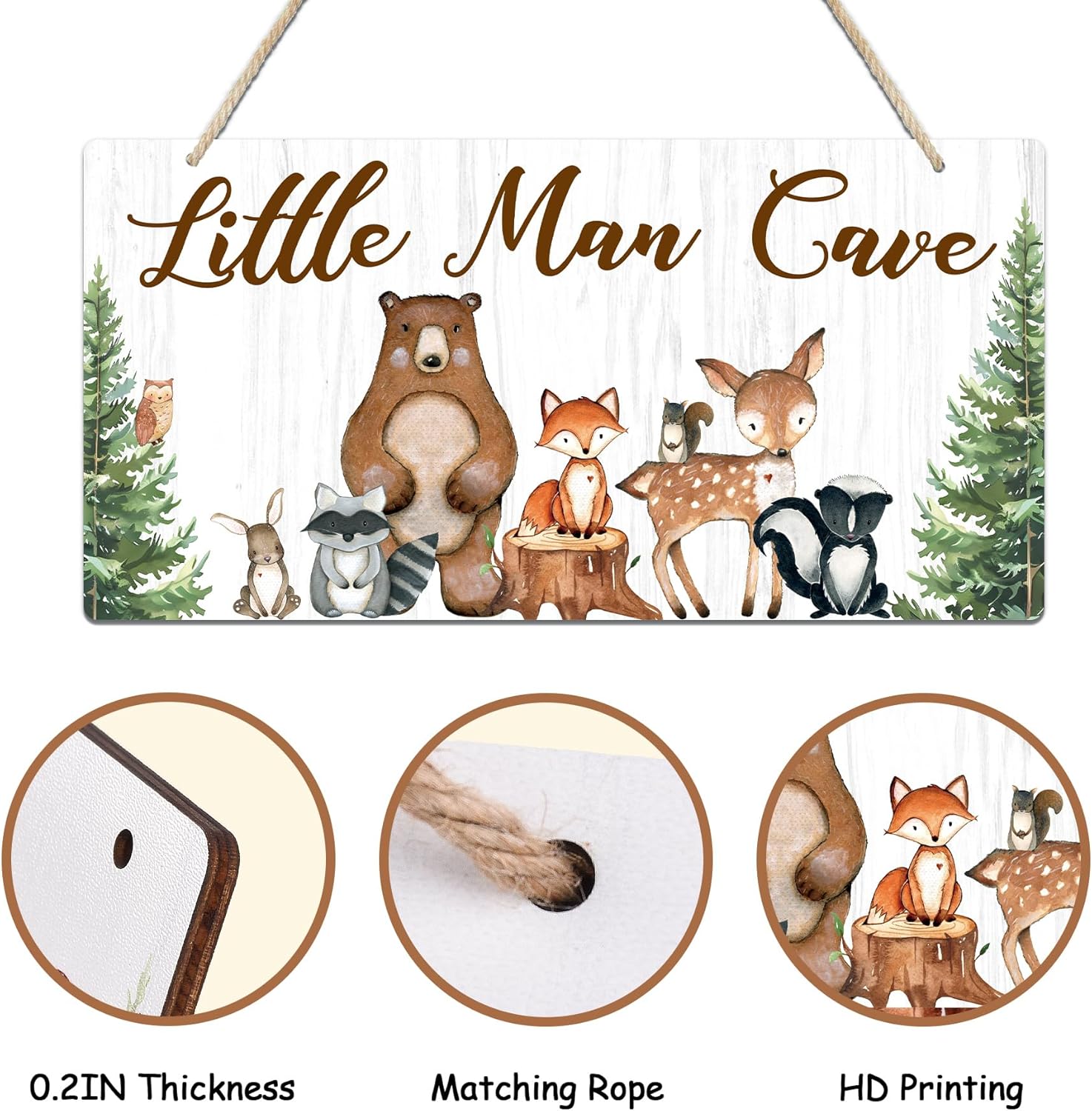 Uflashmi Wood Little Man Cave Sign, Woodland Animal Nursery Wall Decor for Baby Boys Room, Woodland Theme Nursery Room Decor for Toddler Boy, 12”x6”