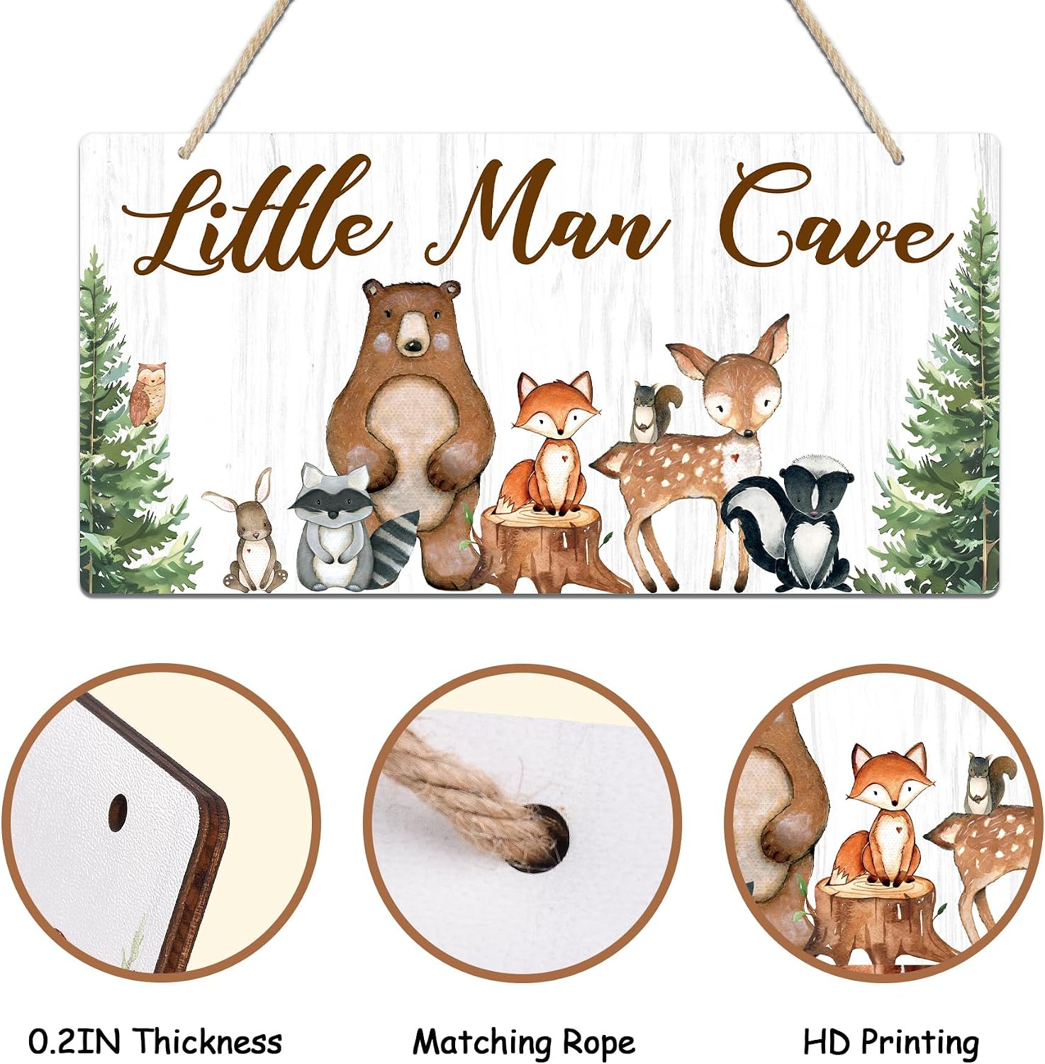 Uflashmi Wood Little Man Cave Sign, Woodland Animal Nursery Wall Decor for Baby Boys Room, Woodland Theme Nursery Room Decor for Toddler Boy, 12”x6”