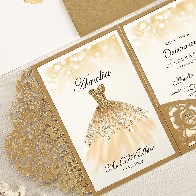 DORIS HOME 50pcs Laser Cut Quinceanera Invitations Gold, 4.7x7.1 Personalized Quince Invitations for 15th Birthday, Invitation cards for Sweet 16 with Envelopes