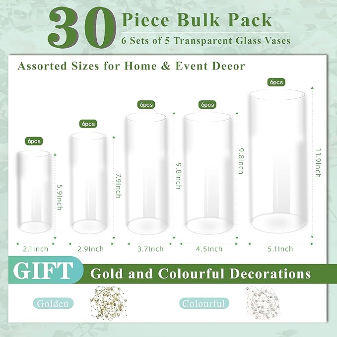 30pcs Glass Cylinder Vase for Centerpieces, 6,8,10,10,12 inch Tall Big Clear Flower Vase Bulk Floating Candle Holder for Wedding Table Home Décor and Party