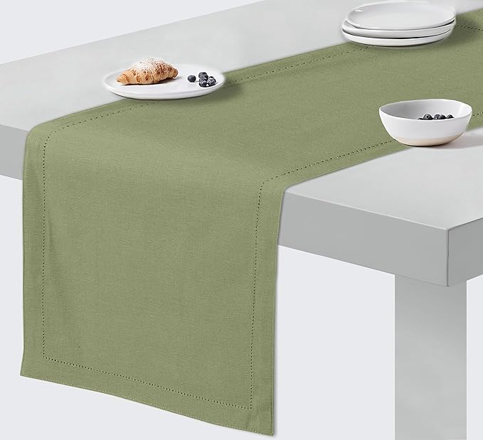 Ruvanti Linen Table Runner 90 Inches, Classic Hemstitch, Washable, Reusable, Non-Slipping, Stain Resistant- Perfect for Parties, Weddings, Dinners, Thanksgiving, Christmas, Indoor use – Olive