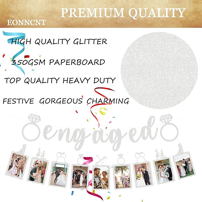Pre-Strung Engaged Photo Banner - Silver Glitter Engagement Party Decoration Supplies with Romantic Memories Picture Card Frames for Bachelorette, Bridal Shower, Wedding Party Photo Booth Props