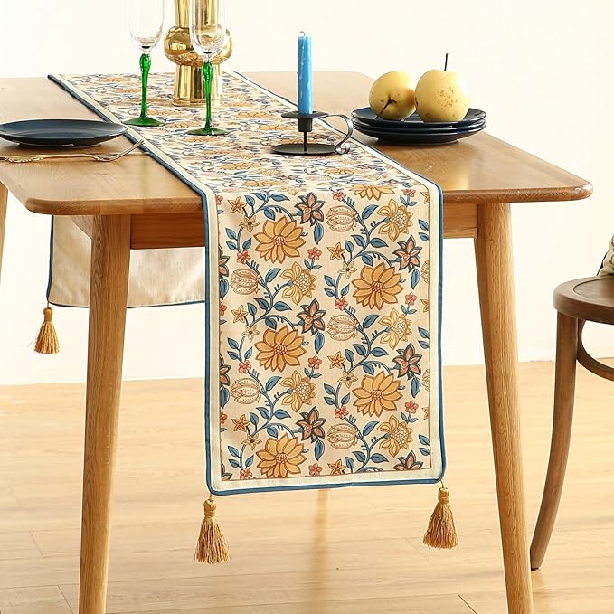 ISAENNE Designer Bohemian Elegant Linen Extra Long Table Runner 118 Inches,Floral Pattern Duable Decor Table Runners for Dining Tables,Thanksgiving,Kitchen Tables,Christmas,12"*118"-Estevan B
