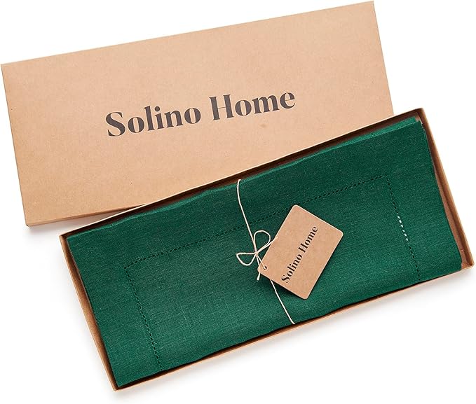 Solino Home Linen Rainforest Green Hemstitch Table Runner 60 Inches - 100% Pure Linen Small Table Runner 14 x 60 Inch Ideal for Dresser and Coffee Tables - Classic Hemstitch - Christmas, Thanksgiving