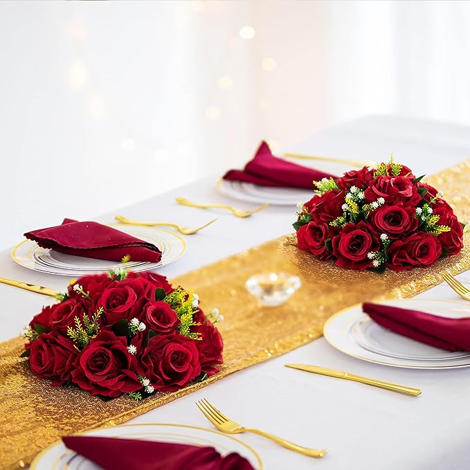 BLOSMON Flower Balls Wedding Rose Centerpieces: 2 Pcs Crimson Fake Flowers Kissing Balls Decor Artificial Floral Arrangements Flower Bouquet of Roses Home Party Table DIY Decorations