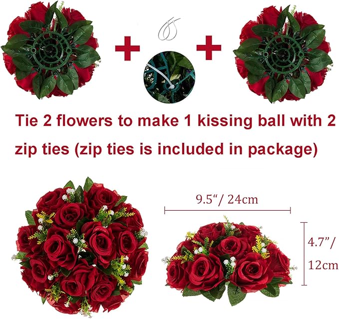 BLOSMON Wedding Flowers Decorations for Table: 6 Pcs Burgundy & Dusty Rose & Creamy White Fake Rose Flowers Balls Centerpieces- Artificial Silk Kissing Floral Arrangements Home Party DIY Decoration