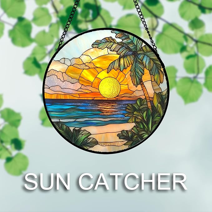 Stained Glass Window Hanging 4 Pcs Set Blue Ocean Coconut Tree Scenery 9.8" - Suncatcher Door Garden Sun Catcher Decor Birthday Christmas for Mom Woman Nana Men