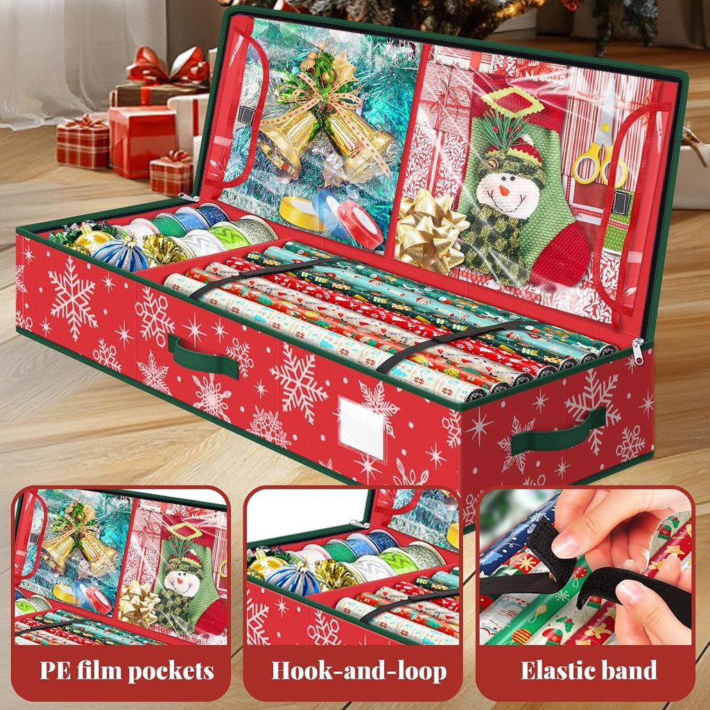StorageRight Wrapping Paper Organizer Storage Container, Christmas Gift Wrapping Paper Storage Box for Paper Ornaments，Paper Storage Holder for Holiday Decoration Snowflake/Red