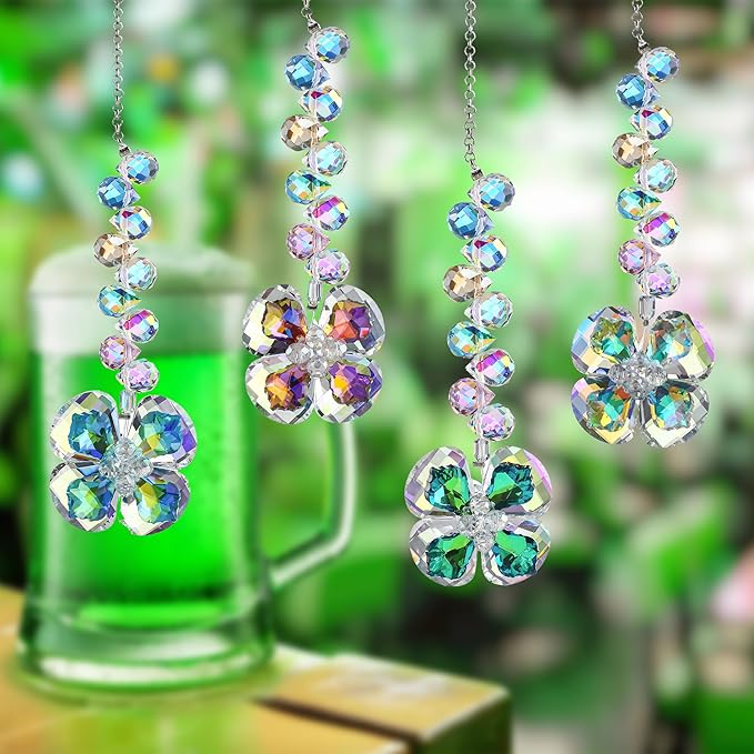 HDCRYSTALGIFTS 4pcs Four Leaf Clover Sun Catchers with Crystals Rainbow Prisms Window Suncatcher Hanging Indoor Decorations, St Patricks Day Accessories Spiritual Gifts for Women, Mom, Family, Friends