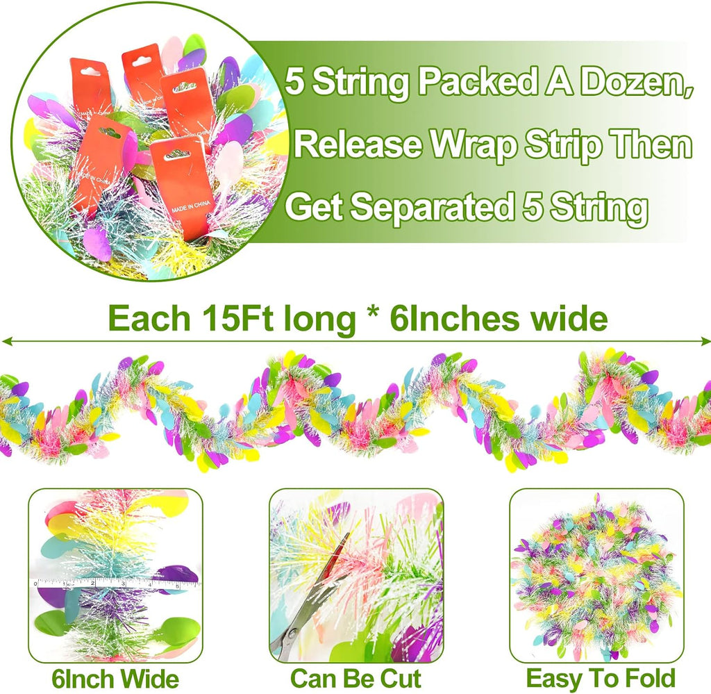 TURNMEON 5 Strings Total 75 Ft Easter Tinsel Garlands Decorations with Colorful Easter Eggs Metallic Streamers Hanging Fringe Garland Easter Decorations Outdoor Indoor Home Party, Each 15 Ft by 6"