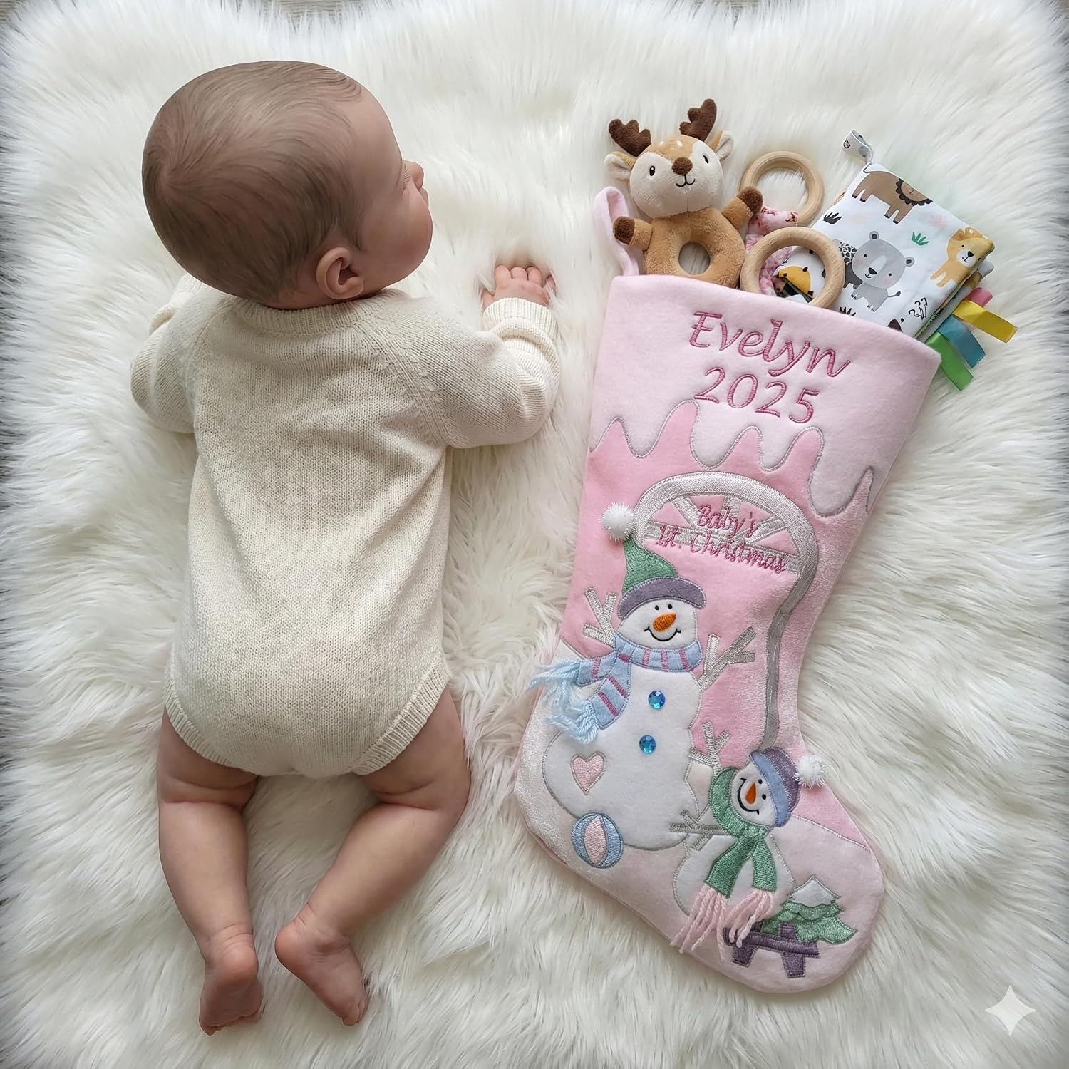 Baby's 1st Christmas Stocking with Large 20" Pink Snowman Velvet Personalized Stockings for First Christmas