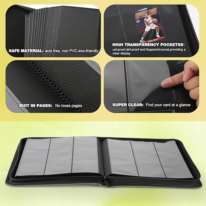 Trading Card Binder, Card Binder 9 Pocket for Trading Cards, Holds 540 Cards, Zippered Premium Card Collection Binder Album for Game Card, Sports Card, Yugioh, MTG (Carbon ash)