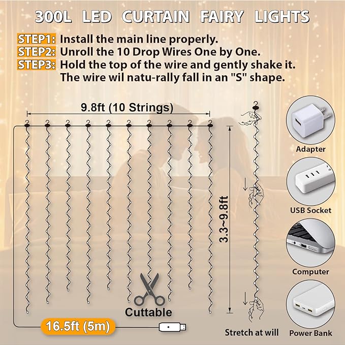 HXWEIYE 300LED Fairy Curtain Lights, 9.8x9.8Ft USB Plug-in 8 Modes Christmas String Hanging Lights with Remote for Bedroom Backdrop Wedding Party Indoor Wall Decor, Warm White(2 Pack)