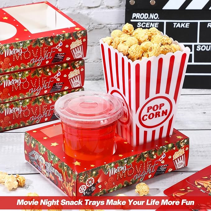 Faccito 36 Pcs Movie Night Snack Trays Movie Theater Snack Boxes Night Supply Disposable Paper Holder Tray for Popcorn Food Candy Drink Party 8 x 6 Inch(Red Green,Holly Style)