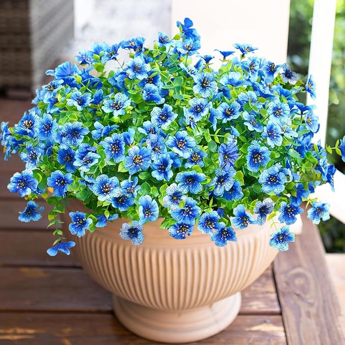 HyeFlora Artificial Flowers for Outdoor Indoor Garden Home Decoration, Faux Flower Daisy with Eucalyptus Leaves Fake Plants Greenery Boxwood Porch Patio, 12 Bundles (Blue)