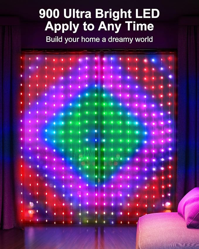 Brightown Smart Curtain String Lights App Controlled - 900 LED DIY Hanging Fairy Light Pattern and Text Programmable, Music Sync with Remote, Waterproof Smart Valentine's Party Lights Indoor Use