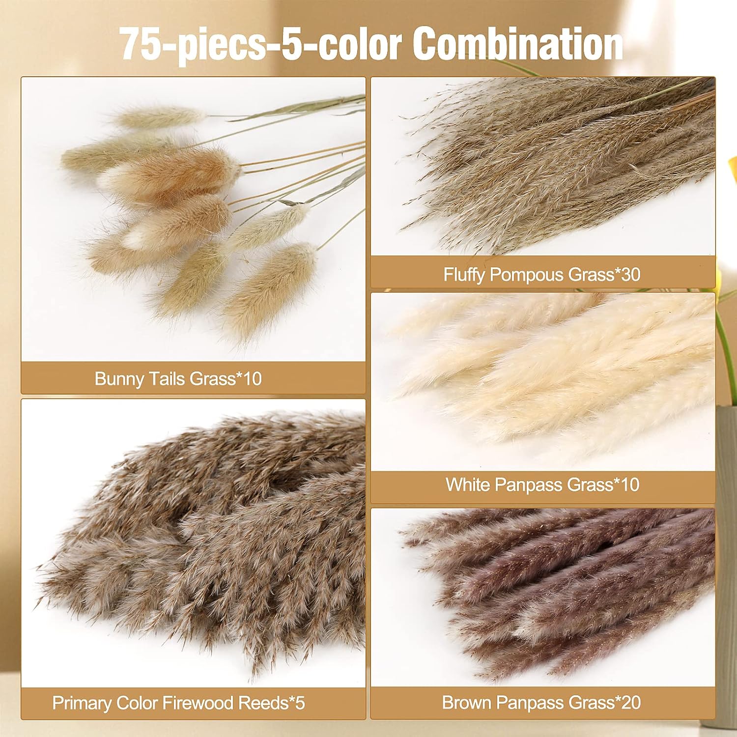 N&T NETING Dried Pampas Grass Decor- White Pampas Grass, Brown Pampas, Bunny Tail, Reed, Fluffy Dried Pompas Grass Flower for Home Wedding Table Vase Boho Modern Decor, 75Pcs