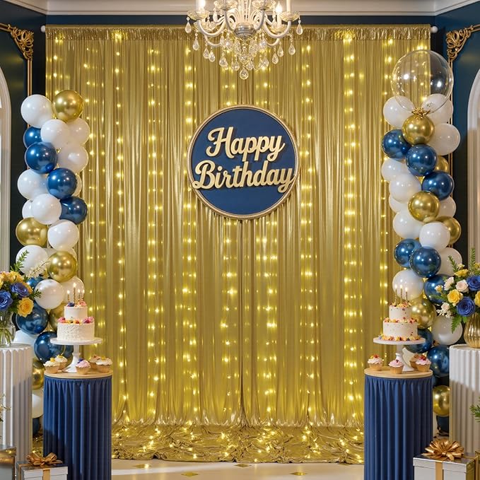 10x10 ft Gold Sequin Backdrop Curtain with Lights for Parties, Wrinkle Free Glitter Photo Backdrop Drapes Shimmer Back Drop Cloth with Light Strings for Wedding Birthday Photography Background