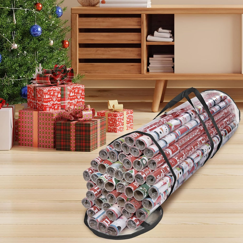 Wrapping Paper Storage Bag, Gift Wrap Organizer, Fits 40 Inch Long Rolls, Hold Up to 24 Rolls, Heavy Duty Clear PVC Bag with Top and Side Handles (Black)