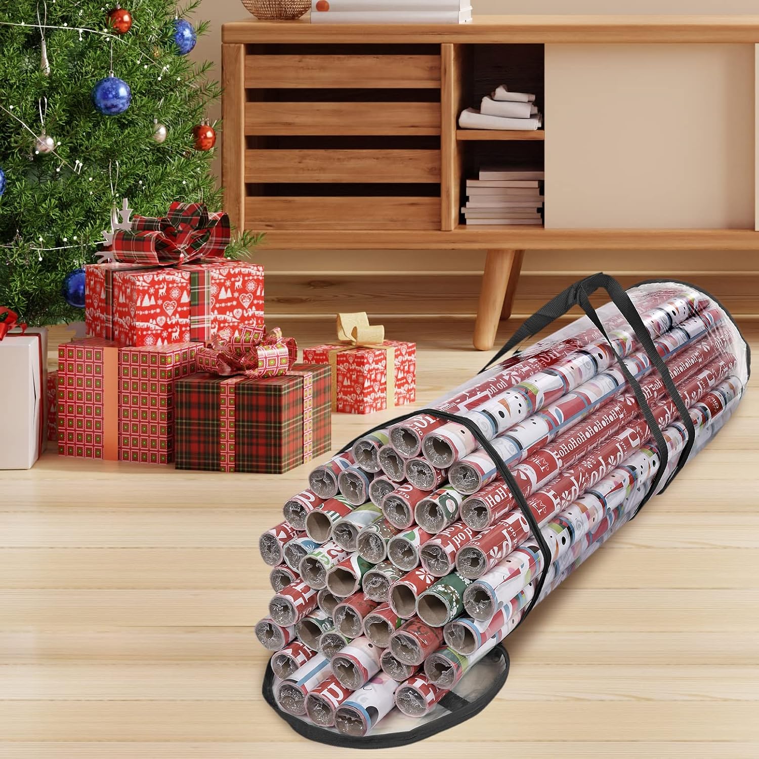 Wrapping Paper Storage Bag, Gift Wrap Organizer, Fits 40 Inch Long Rolls, Hold Up to 24 Rolls, Heavy Duty Clear PVC Bag with Top and Side Handles (Black)