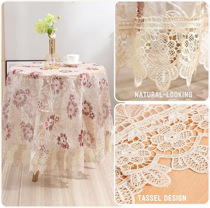 Round Embroidered Lace Tablecloth Vintage Decorative Exquisite Border Table Cover for Party Wedding Home Decorations, Round-60, Red