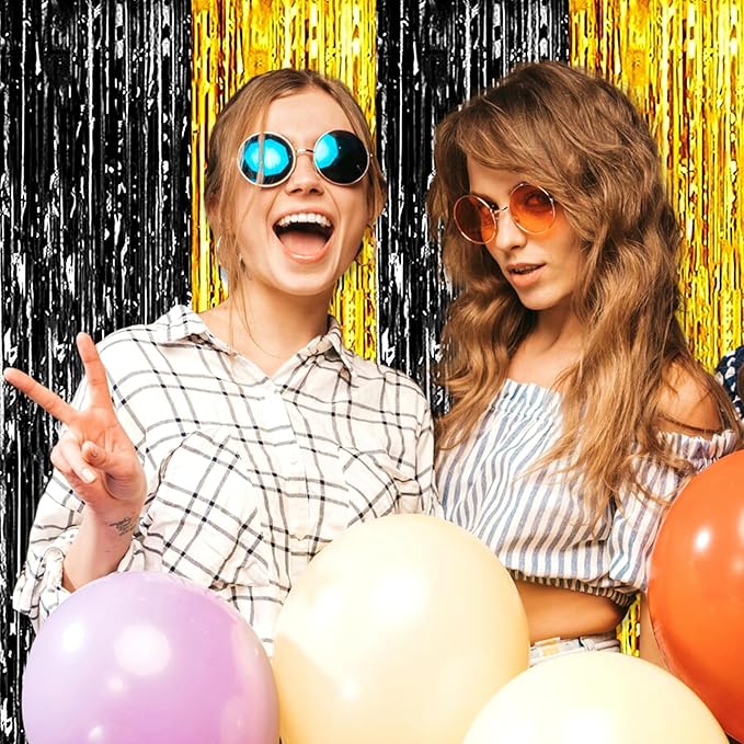 6 Pack Black Gold Foil Fringe Curtain Backdrop, 3.28Ft x 8.2Ft Metallic Tinsel Foil Fringe Streamer Curtains for Photo Booth, Birthday, Wedding, New Year Party Decorations