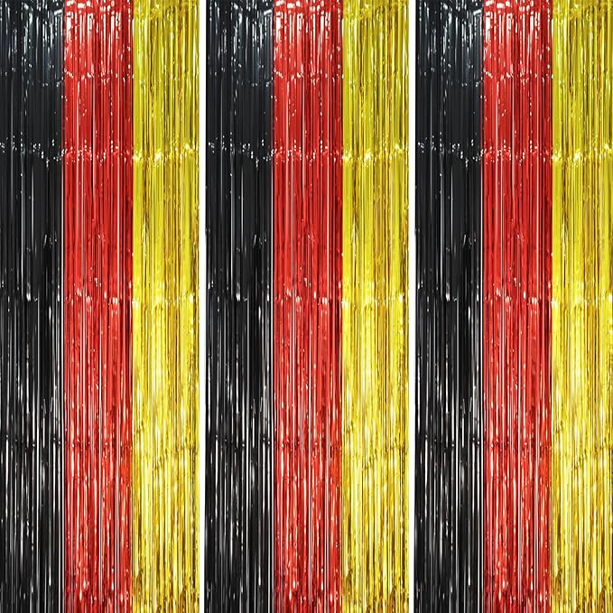 3 Pack 3.3 x 8.2 ft Red Black Gold Foil Fringe Backdrop Curtains, Tinsel Streamers Party Decorations, Fringe Backdrop, Door Shimmer for Thanksgiving Day or Birthday Party