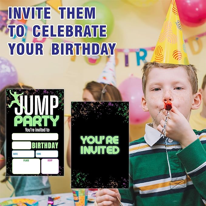 Jump Party Birthday Invitations, Glow Trampoline Birthday Party Invite Cards（20 Count) With Envelopes, Fill In Style Invite Cards For Boys & Girls, Birthday Party Supplies-B01