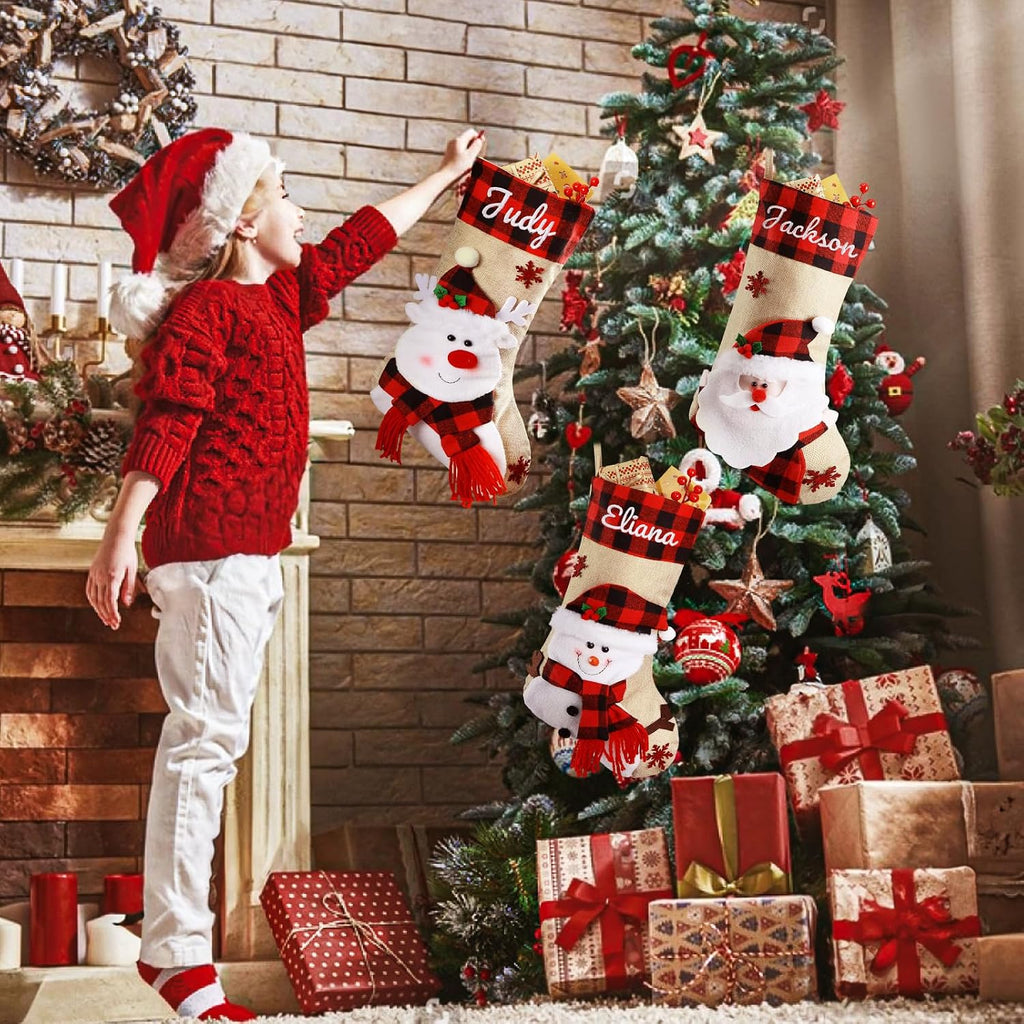 Bemaystar Personalized Christmas Stockings - 18.5'' Embroidery Custom Christmas Stockings with Names, Burlap Plaid Stockings Xmas Decor Gifts for Family Kids Holiday Party, 1-Pack Choose Any Styles