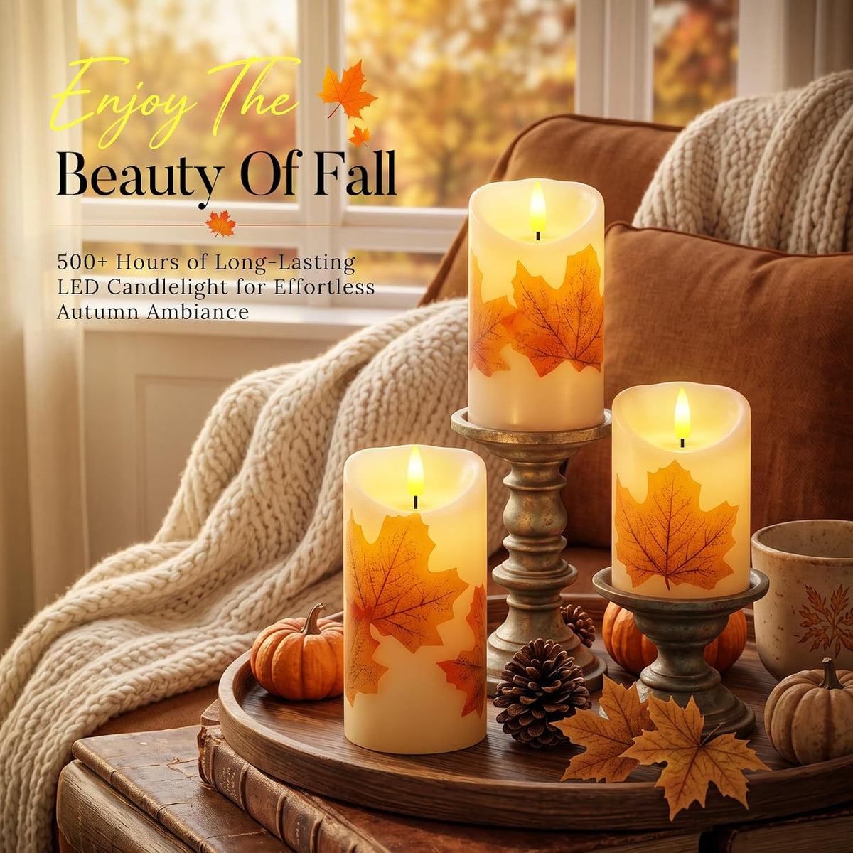Raycare Maple Leaf Real Wax Flameless LED Pillar Candles with Timer Remote