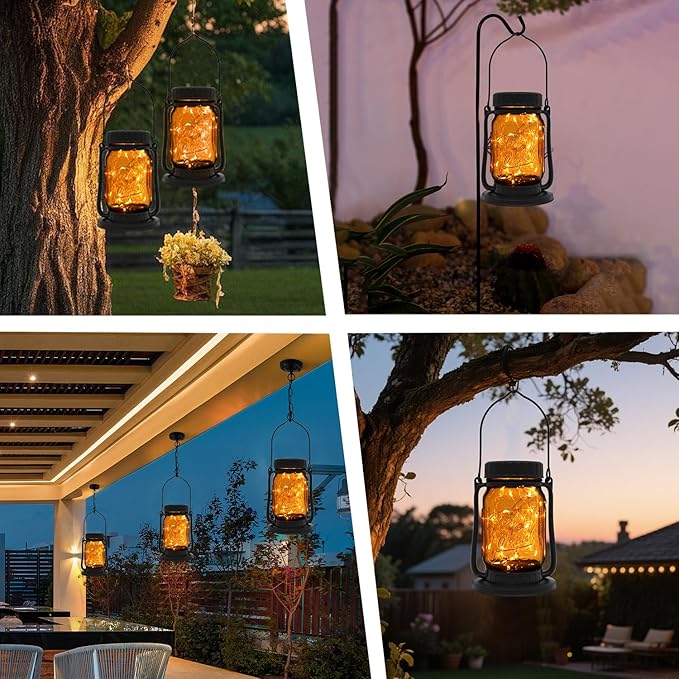 Mason Jar Lights - Solar Lantern Outdoor Waterproof, Hanging Solar Lights for Outside, Halloween, Fairy Twinkle Glass Decorative Lamp for Yard, Patio, Garden, Porch, Table, Wedding, Pack 2