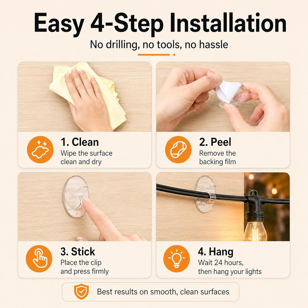 Outdoor String Lights Hooks Clips - 20Pcs Clear Waterproof Adhesive Hangers | 3X Stronger Adhesion - Heavy Duty Removable Sticky Strips No Drill No Residue Indoor Outside Patio Fence Wall Cord Christmas