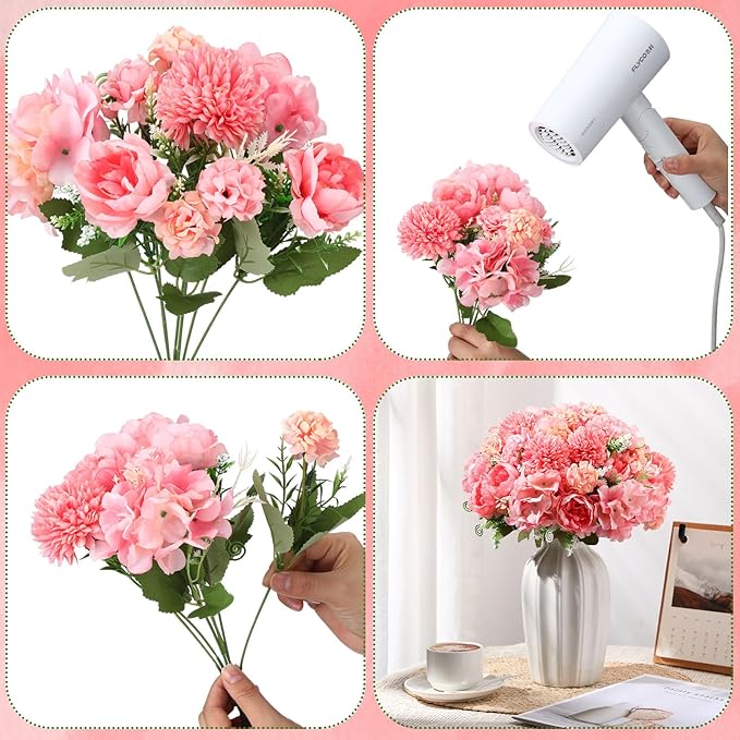 Tigeen Artificial Flowers Artificial Peonies Silk Flowers Faux Peony Fake Peony Silk Hydrangea Bouquet for Wedding Table Centerpiece Floral Vase Decor(Rose Pink,12 Bundles)