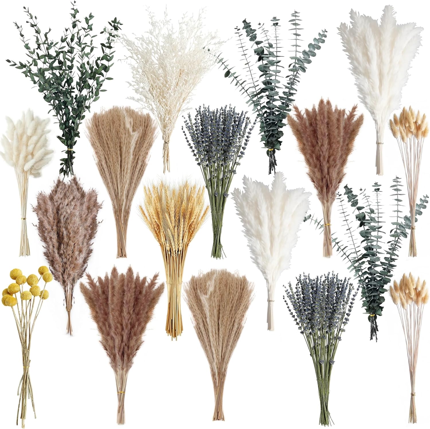 500PCS Dried Pampas Grass Bouquet – Boho Dried Flowers for Vase, White & Brown Pampas, Bunny Tails, Eucalyptus, Wheat & Lavender – Natural Floral Decor for Home, Wedding, Baby Shower &Photoshoot Props